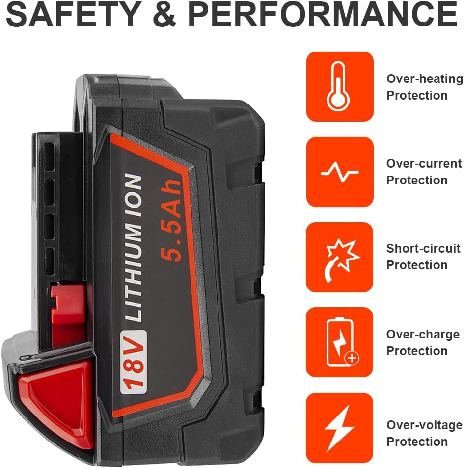 2 Pack 18V 5.5Ah for M18 Replacement Battery Compatible with Milwaukee Lithium Battery Power Tools 48-11-1820 48-11-1840 48-11-1850 48-11-1828 48-11-1815 Cordless Tool Batteries with LED Indicator image number 3