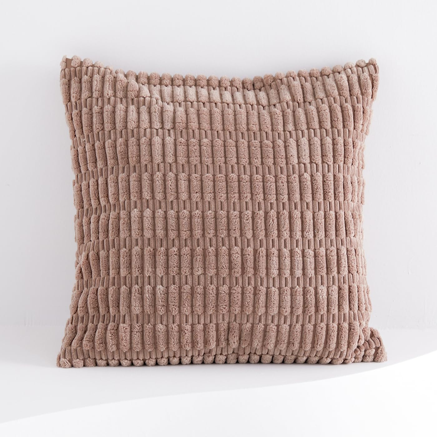 Pack of 2 Corduroy Decorative Throw Pillow Covers 18X18 Inch, Soft Neutral Couch Pillow Covers Boho Plush Striped Cushion Cases Rustic Farmhouse Home Decor for Sofa Bedroom Living Room Couch Balcony - Light Brown image number 4