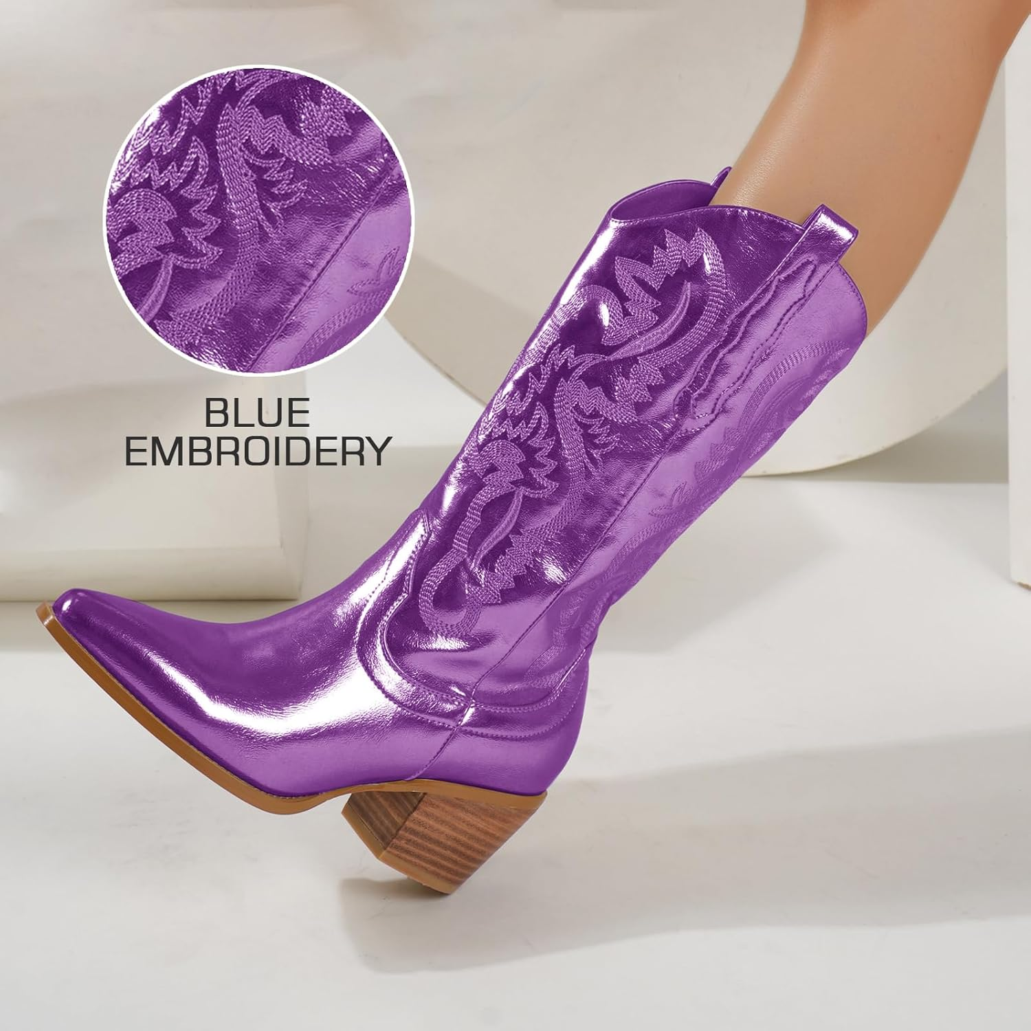 Driceic Glitter Wide Calf Metallic Embroidered Cowboy Boots for Women Sparkly Mid Calf Chunky Heel Pull on Pointy Toe Western Cowgirl Boots Fashion Vintage Short Booteis for Girl image number 5