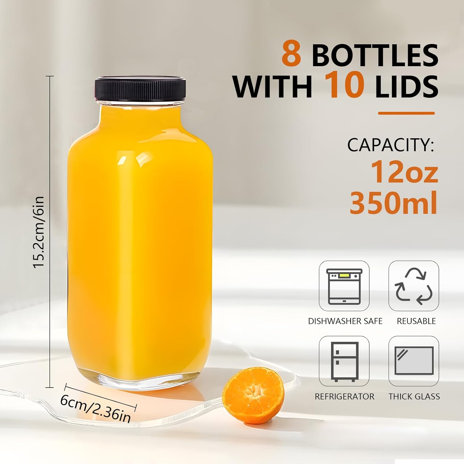 Fayrvind 8 Pack Glass Juice Bottles, 350Ml Wide Mouth Smoothies Bottle, 12Oz Clear Drinking Jar for Water Milk Beverage Kombucha, Reusable Juice Container with 10 Lids and Brush image number 2