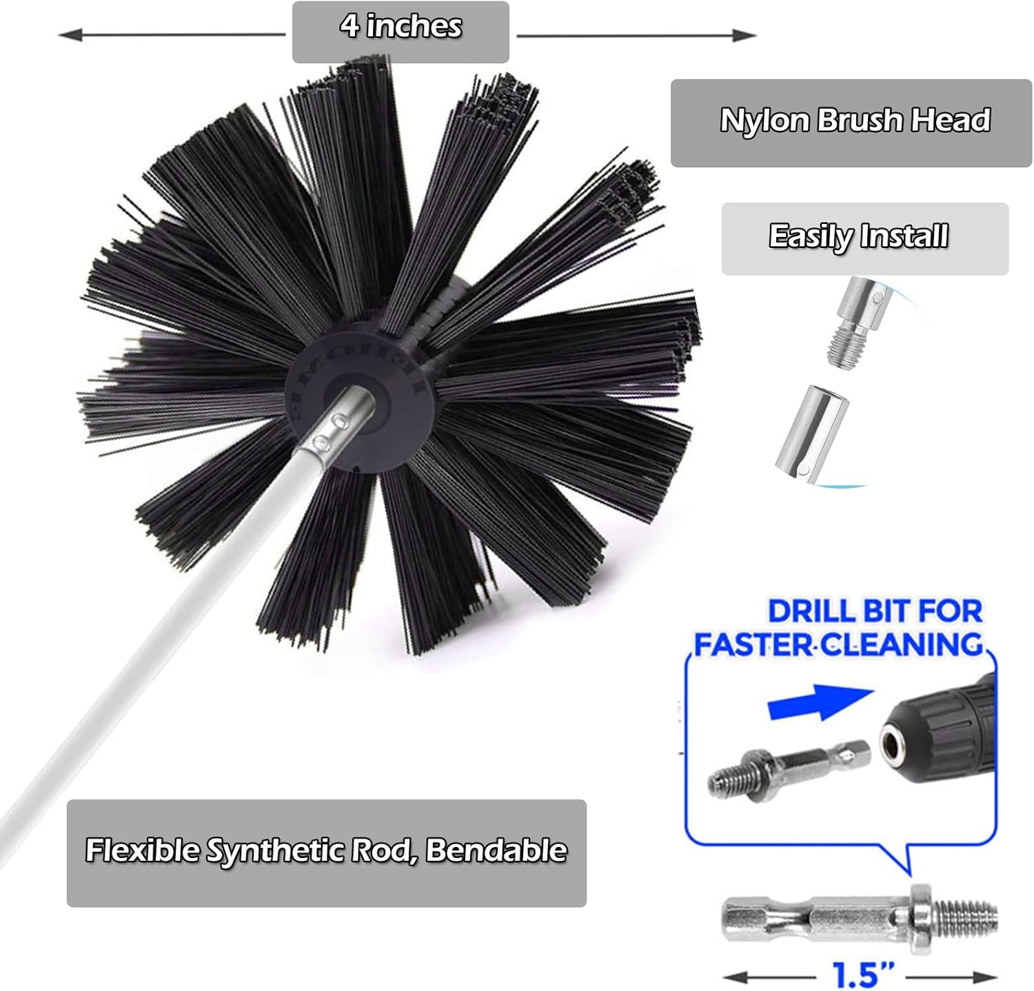 24 Feet Dryer Vent Cleaning Brush Kits, Chimney Cleaning Flexible Lint Brush with Drill Attachment, Synthetic Rotary Brush Head Fireplace Sweep Kit for Kitchen,Laundry,Pipe Cleaning image number 2