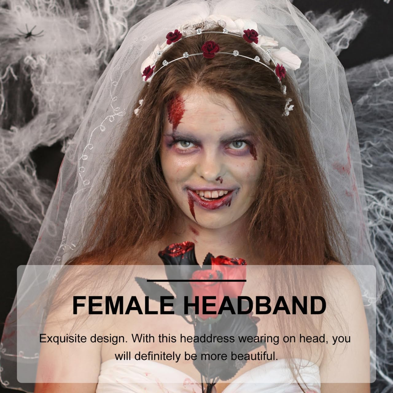 Beaupretty Double Layer Headband with Sparkling Rhinestones and Rose Decoration Headband Women'S Thin Wine Red Stylish Hair Accessories for Girls and Women image number 2