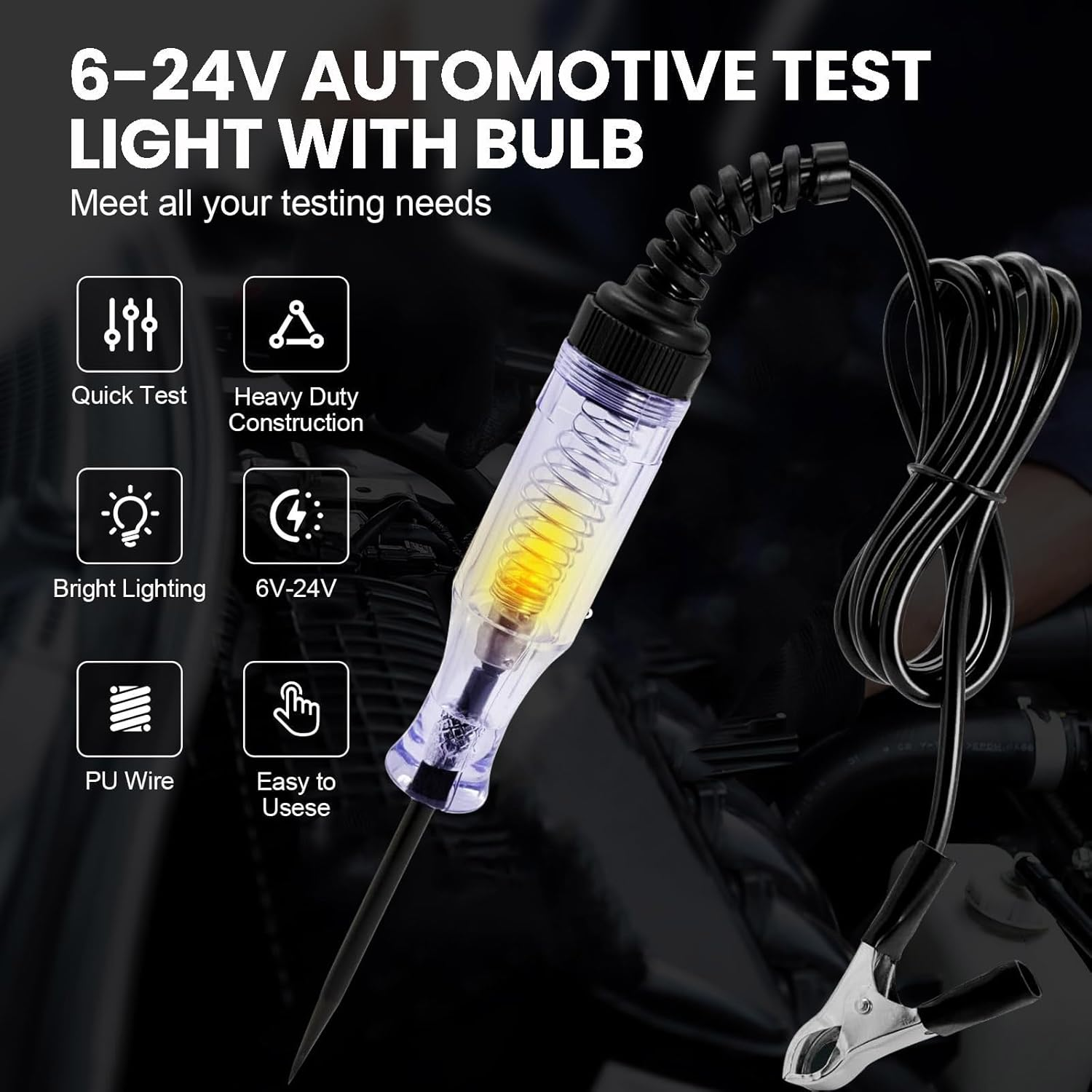 Test Light Automotive, Circuit Tester 6V-12V-24V Car Electrical Pen with Alligator Clip Long Stainless Probe, Continuity Voltage Fuse Dual Color Polarity Indicator for RV,SUV, Sedan and Truck image number 1
