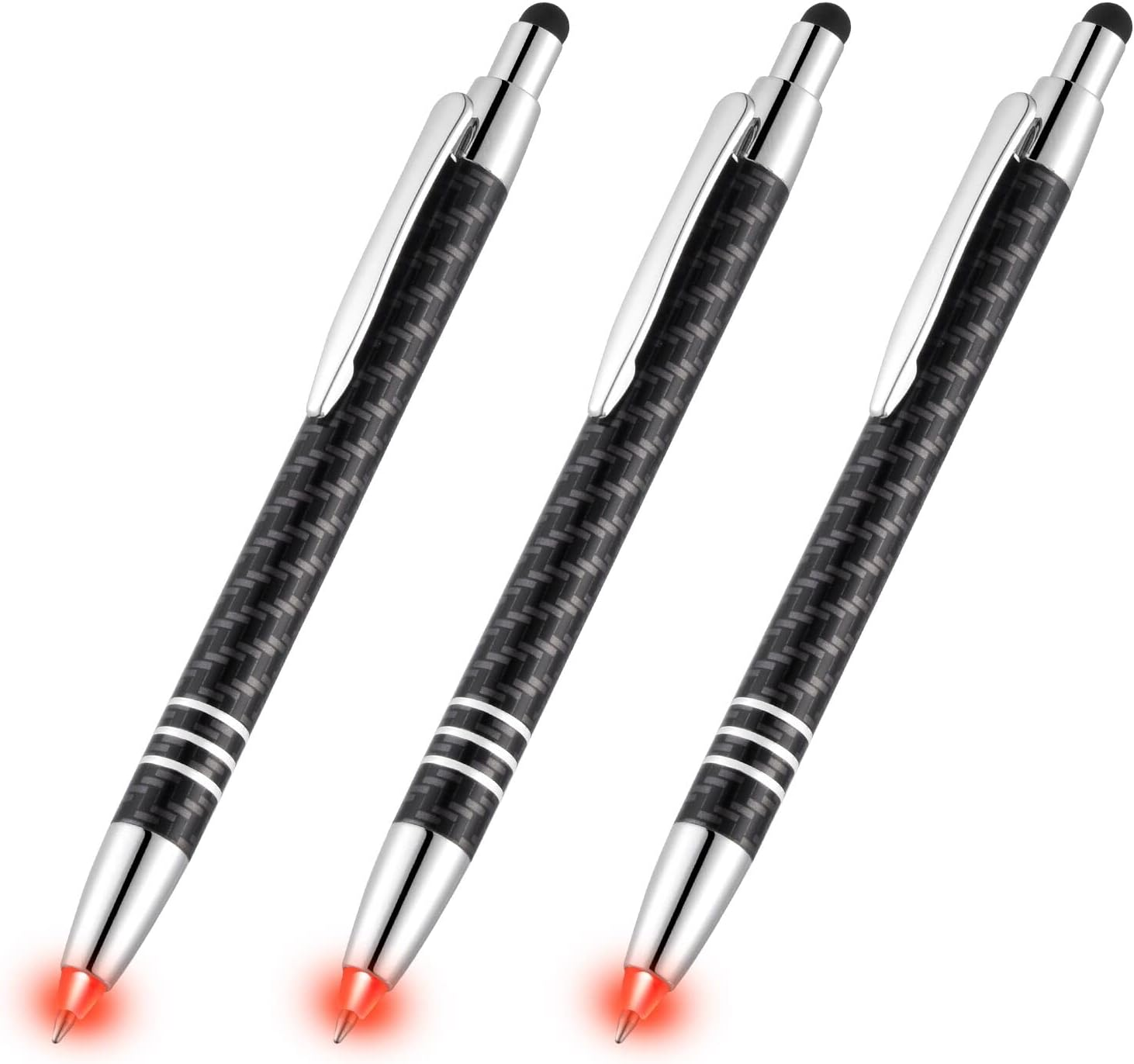 Lighted Tip Pen with Stylus 3-In-1 - LED Penlight Ballpoint Pen with Light for Writing in the Dark - Pack of 3 - White Light - GL006