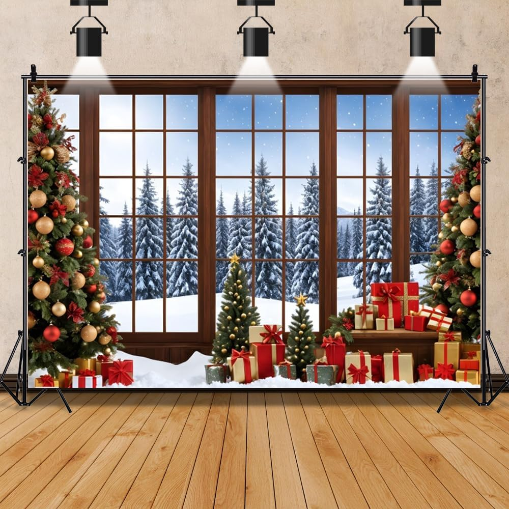 7&times;5Ft Winter Christmas Window Backdrop for Photography Merry Xmas Pine Tree Indoor Background Snow Holiday Photobooth New Year Party Decorations Photo Studio Props Supplies image number 6