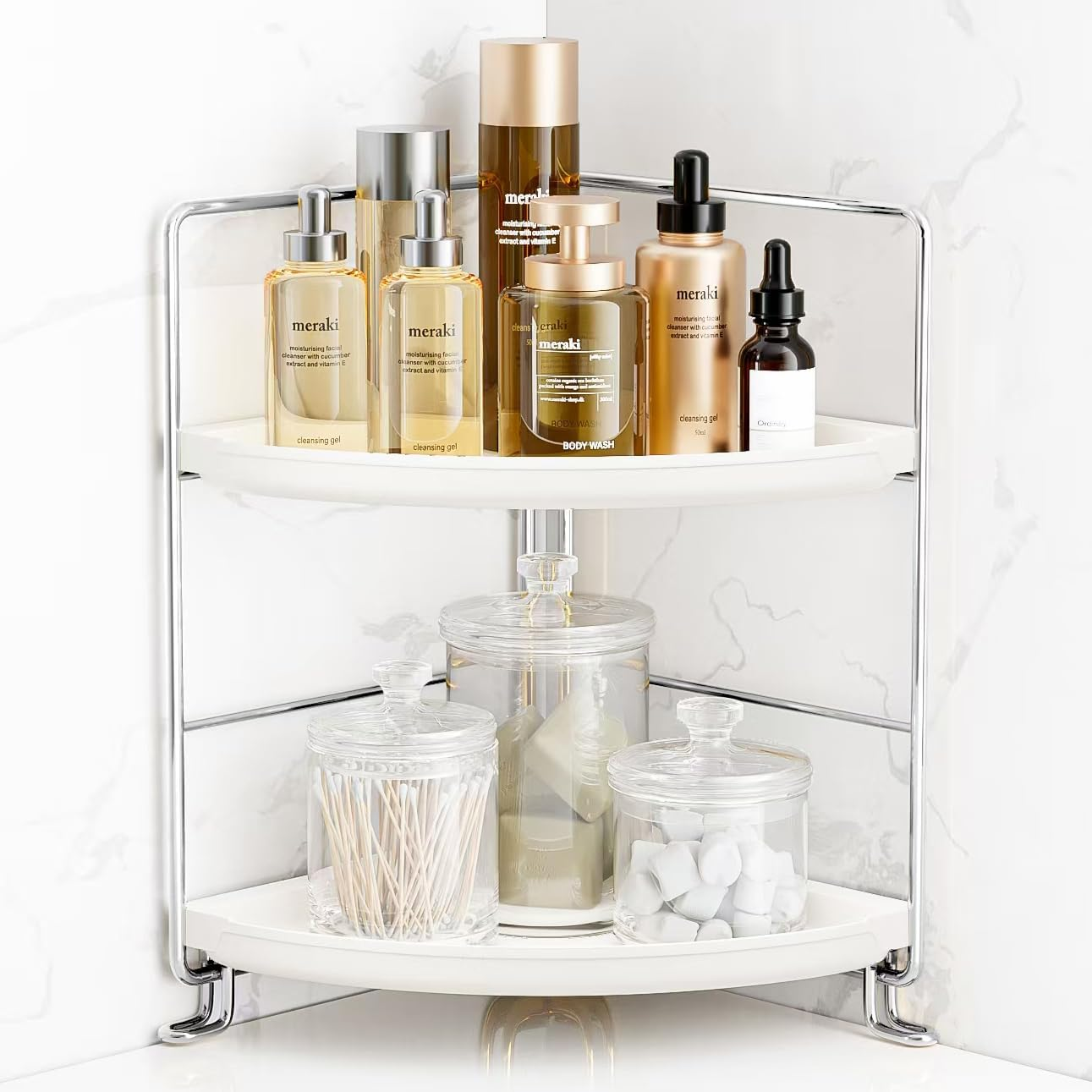 Fsyueyun 2-Tier Corner Bathroom Countertop Organizer, Kitchen Spice Rack Makeup Storage Shelf Vanity Bedroom Storage Tray (Gold)