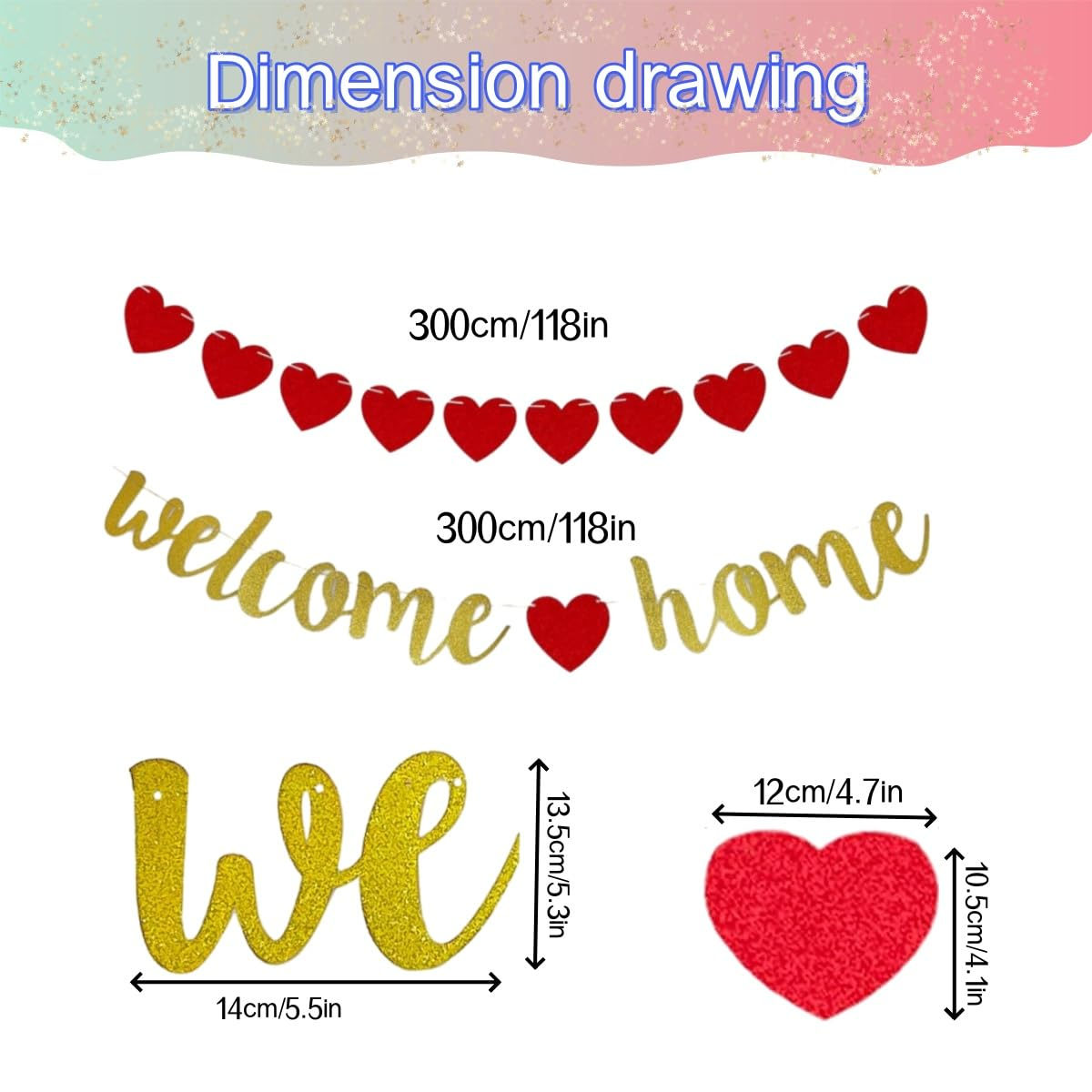 Welcome Home Banner, Welcome Home Decorations Banners Flag, Pre-Strung Shiny Party Decoration with Heart Garland, Housewarming, Family Reunion,Rustic Bunting Garland Family Gathering Photo Booth Props