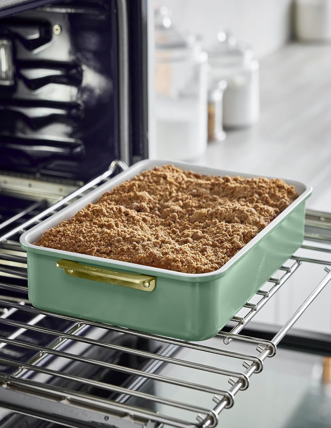 Greenpan Reserve Bakeware Rectangular Cake Pan, Ceramic Nonstick Baking Pan, PFAS Free, Gold Handles, Durable Steel, Freezer to Oven Dish, Scratch Resistant, Bake & Roast Ovenware, Sage Green image number 3