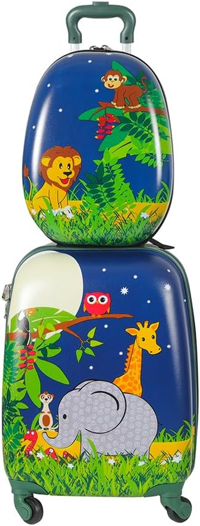Bopeep 16''13'' 2PCS Kids Luggage Set Travel Suitcase Child Space Backpack Carry on Children Travel Rolling Trolley Suitcase, Retractable Handle, Lightweight Trolley Case for Boys Girls (Jungle)