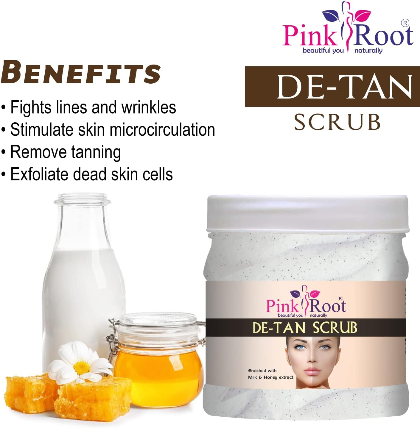 Pink Root DE-TAN Scrub Enriched with Milk & Honey Extract 500Gm image number 1