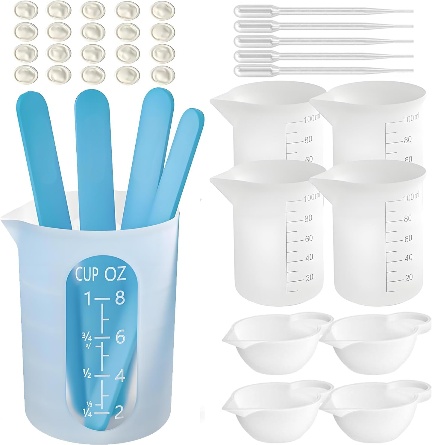 Silicone Resin Measuring Cups Tool Kit- 250 & 100 Ml Measure Cups, Silicone Popsicle Stir Sticks, Pipettes, Finger Cots for Epoxy Resin Mixing, Molds, Jewelry Making, Waxing, Easy Clean image number 4