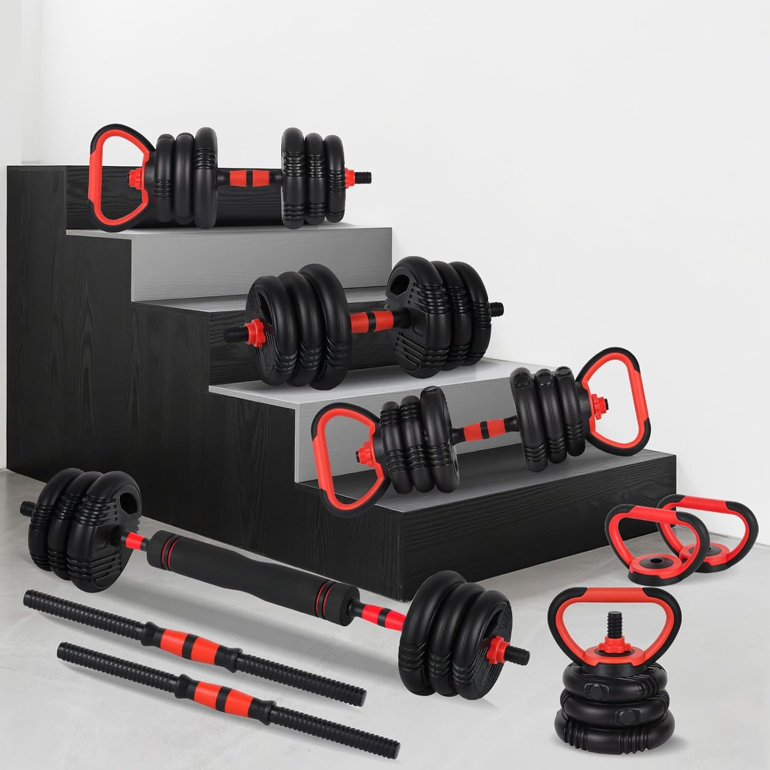 ADVWIN 15/20/30Kg Adjustable Dumbbells, 5-In-1 Free Weight Set with Connector, Dumbbells Set Used as Barbell, Kettlebells, Push up Stand, Weight Plate, Fitness Exercises for Home Gym