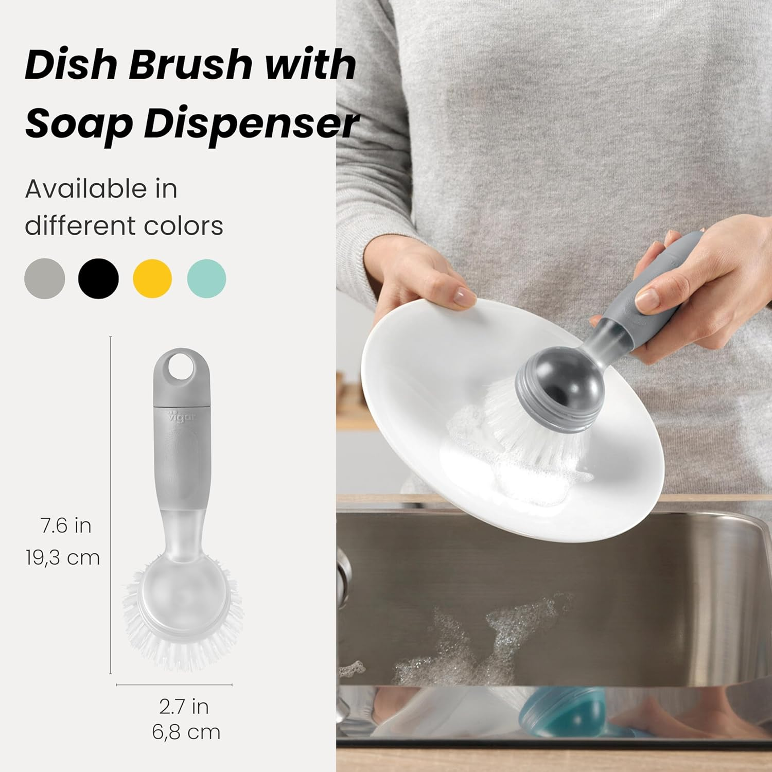 Vigar Rengo Soap Dispensing Dish Brush, Grey image number 1