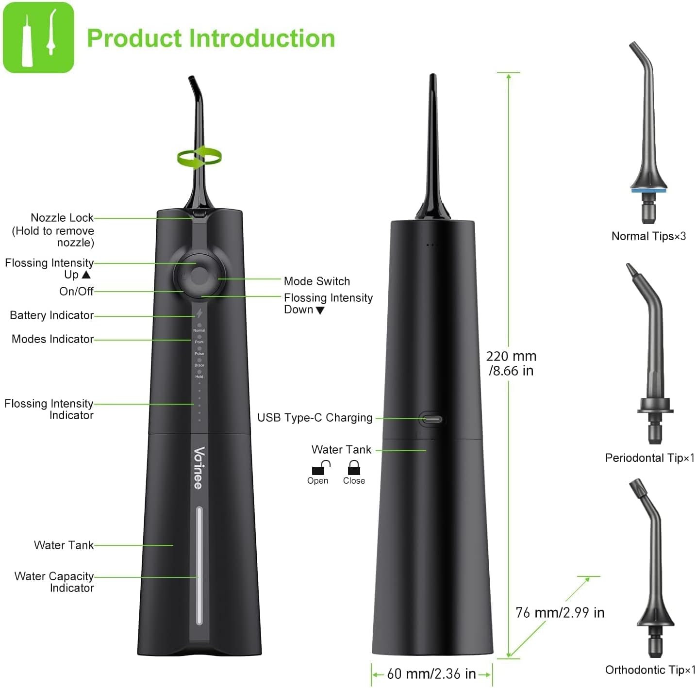 【2025 New Edition】Voinee Water Dental Flosser Oral Irrigator for Dental&Oral Care with 8 Tips 5 Modes 6 Pressure Levels IPX7 Waterproof 300ML Water Tank Low Noise Long Lasting,Portable Cordless Rechargeable Teeth Cleaner for Home&Travel