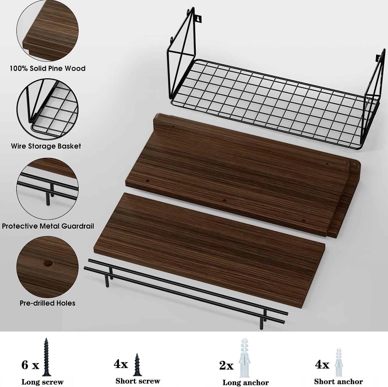 Hoiicco Bathroom Shelves with Metal Guardrail, Wood Floating Shelves over Toilet with Wire Storage Basket, Floating Wall Shelves for Bedroom, Living Room, Kitchen and Bathroom Toilet Paper - Brown image number 2