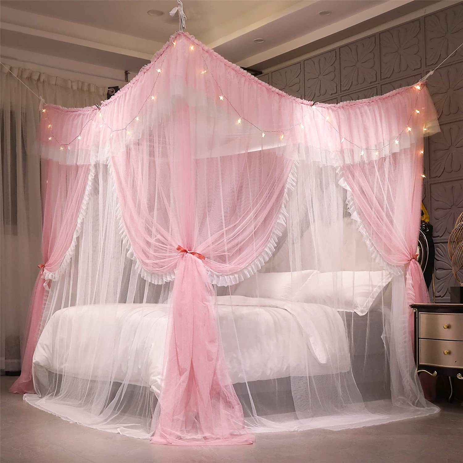 VETHIN 4 Corners Post Ruffle Princess Bed Canopy Curtain-Double Layer Cozy Drape Netting 4 Opening Mosquito Net for Girls Adults Bedroom Decoration (Pink/Whtie, 53" W*78" L*82"*H/(Full)) image number 5