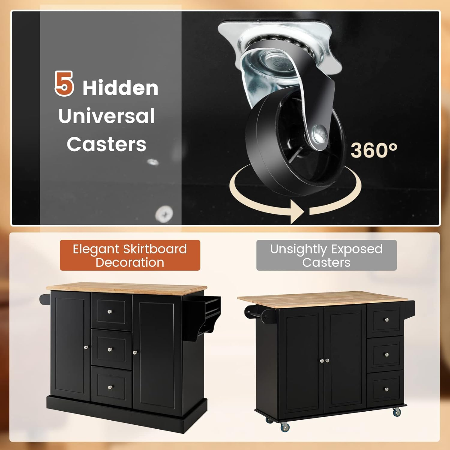 Costway Large Mobile Kitchen Island Cart, Kitchen Island on Hidden Wheels, Rubber Wood Countertop, 3 Deep Drawers, 2 Enclosed Cabinets with Adjustable Shelves, Side Towel Bar & Spice Rack (Black)