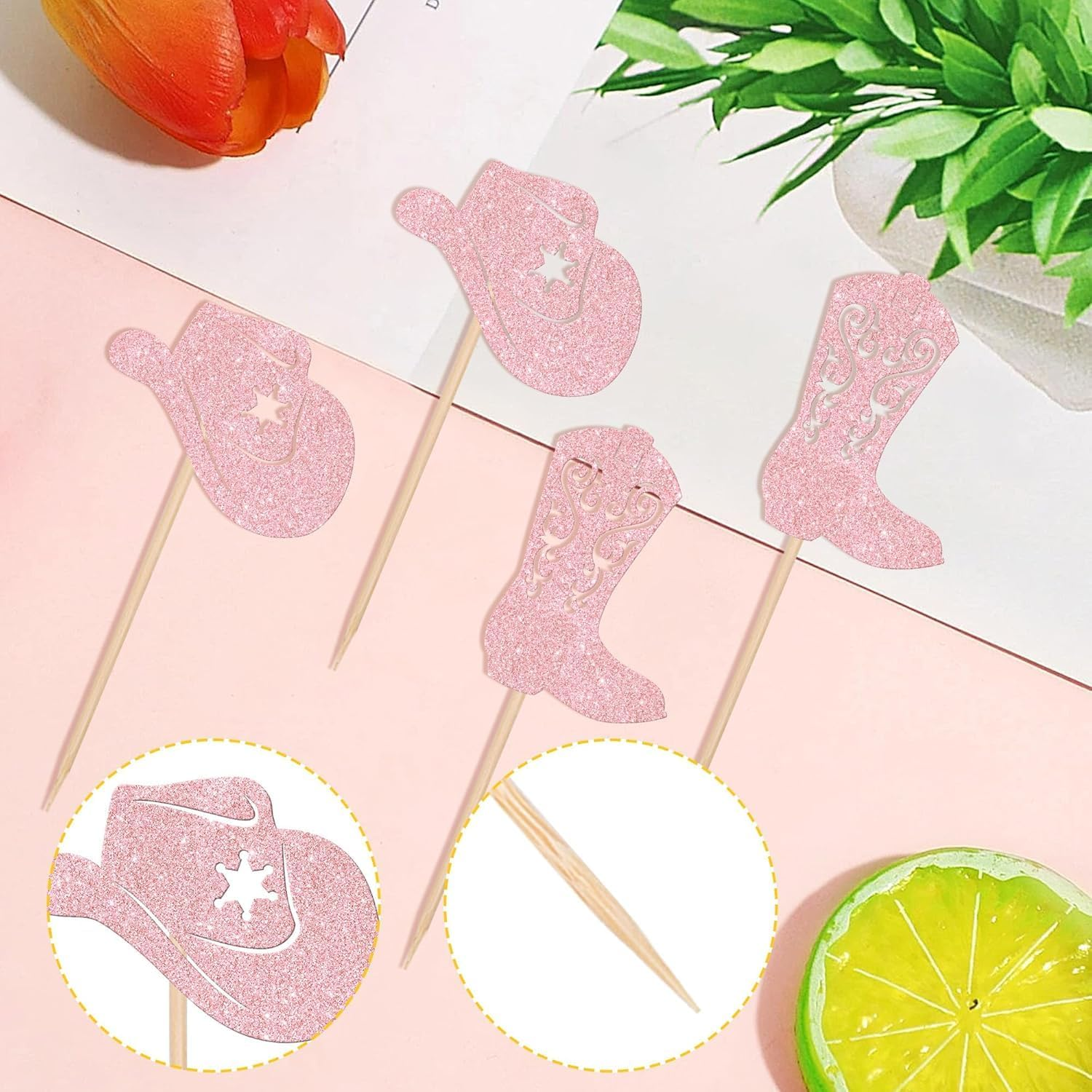 SYKYCTCY 24 Pack Cowboy Cupcake Toppers Glitter Hat Boot Cupcake Picks Western Cowboy Birthday Cake Decorations for Western Theme Baby Shower Birthday Party Supplies (Pink)