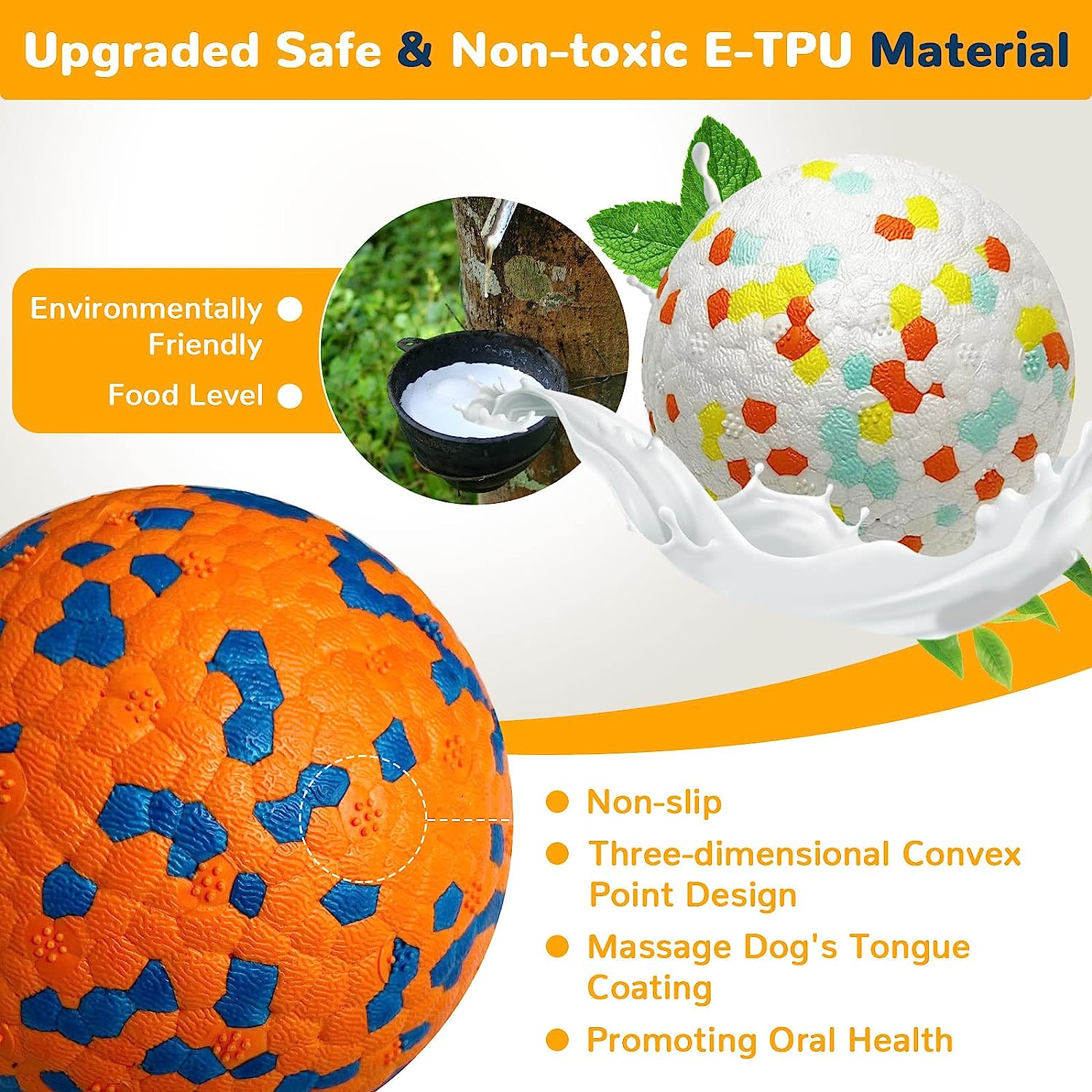 Petcare 2 Pack Dog Balls Toys for Aggressive Chewers Indestructible Tennis Balls for Medium Large Dogs Water Toy Chew Balls Tough Durable Big Dog Toys Bouncing Ball for Dogs to Fetch, Orange+White image number 3