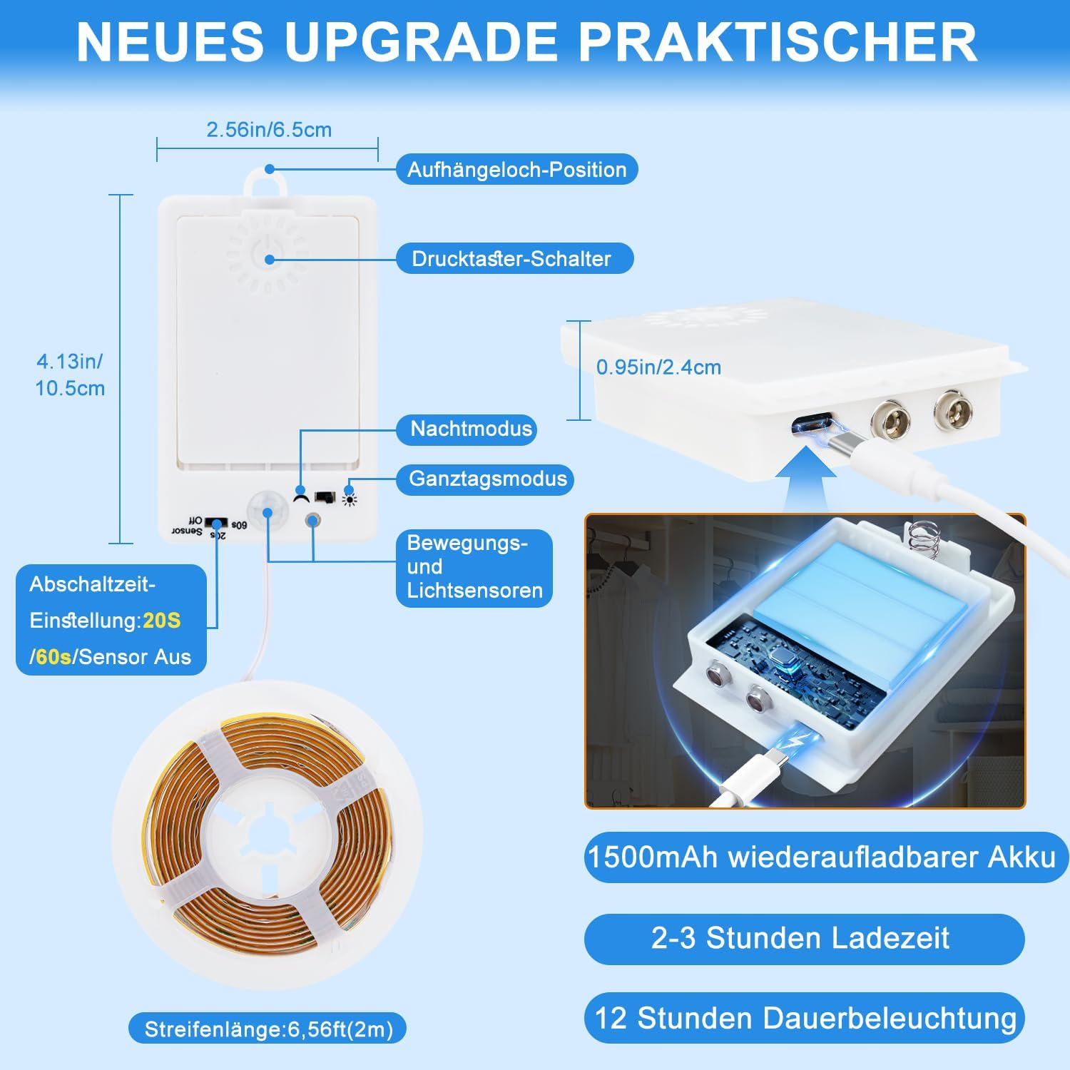 LED Light Strip with Motion Sensor Indoor Battery, 2 M 640 Leds LED Strip with Rechargeable Battery, Cabinet Light with 2 Modes, for Wardrobes, Stairs, Bedroom, Hallways (Cool White, Pack of 1) image number 2