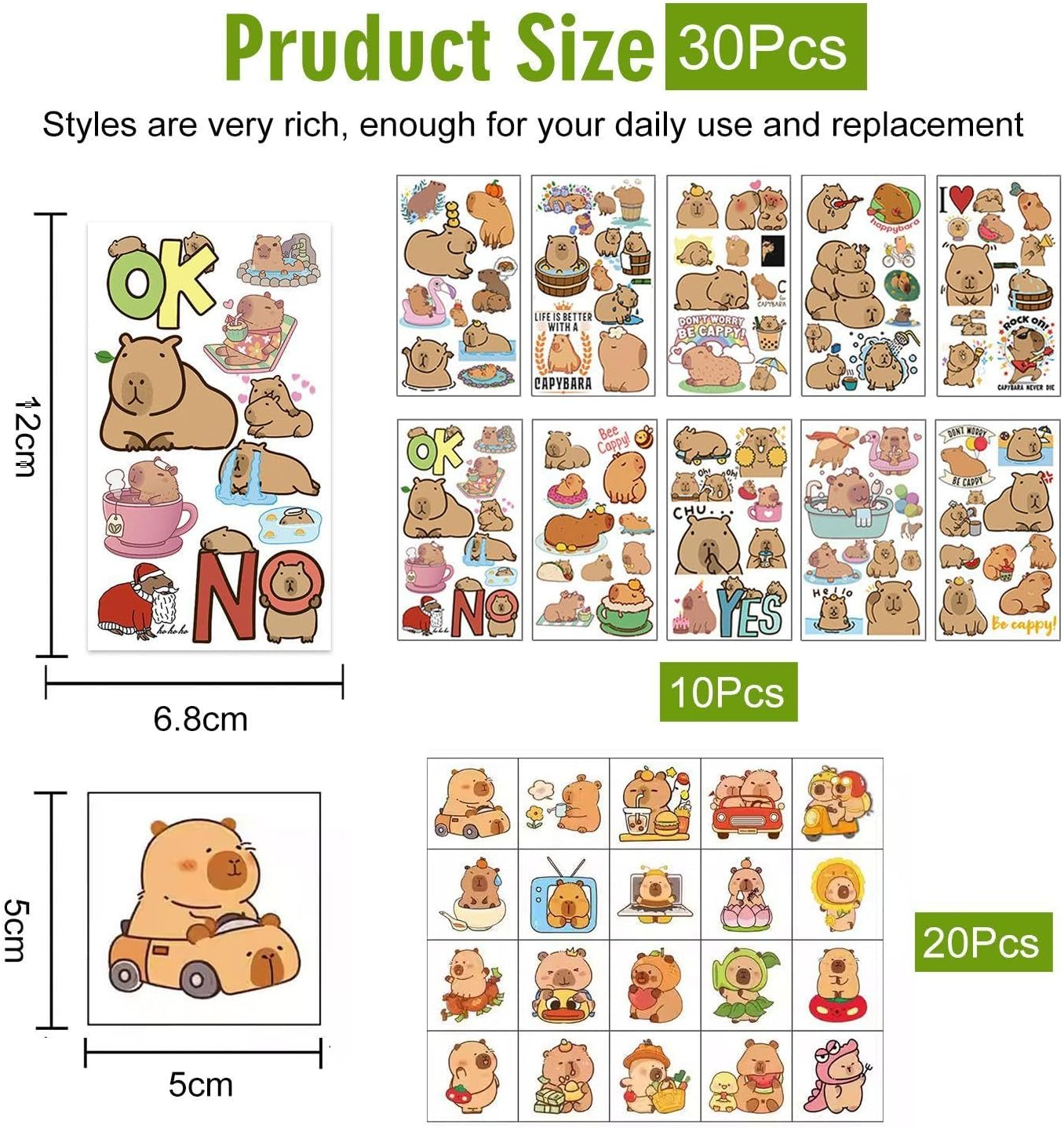 Pack of 30 Cartoon Capybar Stickers, Temporary Tattoo Stickers for Children, Waterproof Tattoo Stickers, Party Decoration, Tattoo Stickers. image number 1