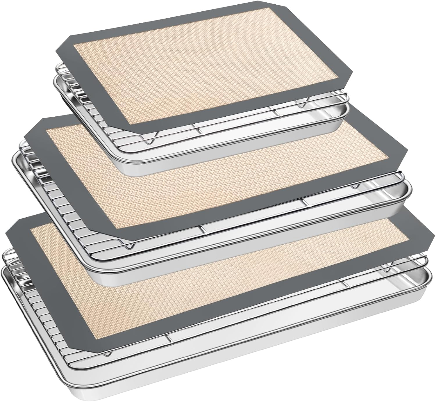 EWFEN Baking Set: Stainless Steel Cookie Pan & Cooling Rack with Silicone Mat, 3 Sheets + 3 Racks Mats, Warp Resistant & Heavy Duty, Easy Clean