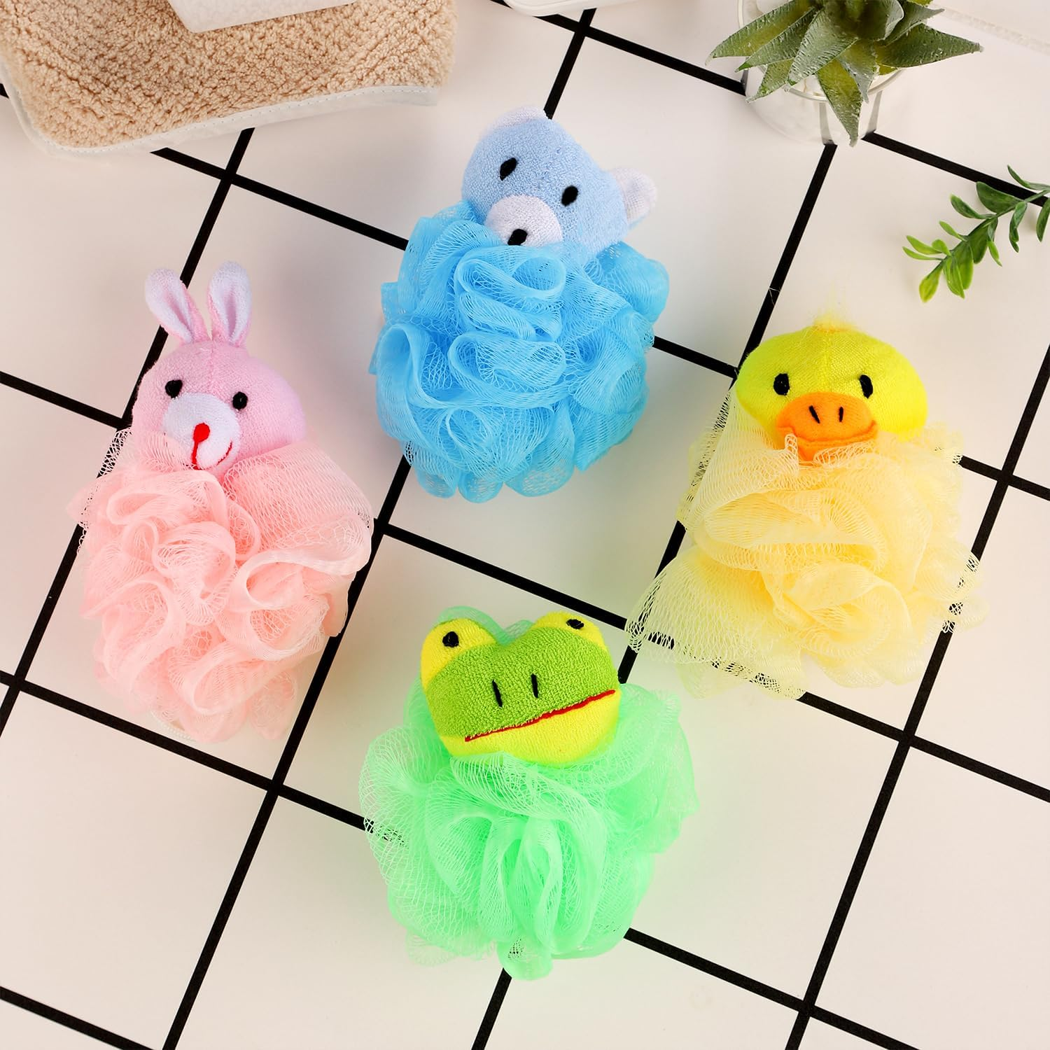 RAMFIYN 4 Pack Fun Bubble Bath Kid Adult Loofahs, Cute Animal Loofah Bath Sponge, Shower Puffs Body Scrubber, Cute Animal Sponges