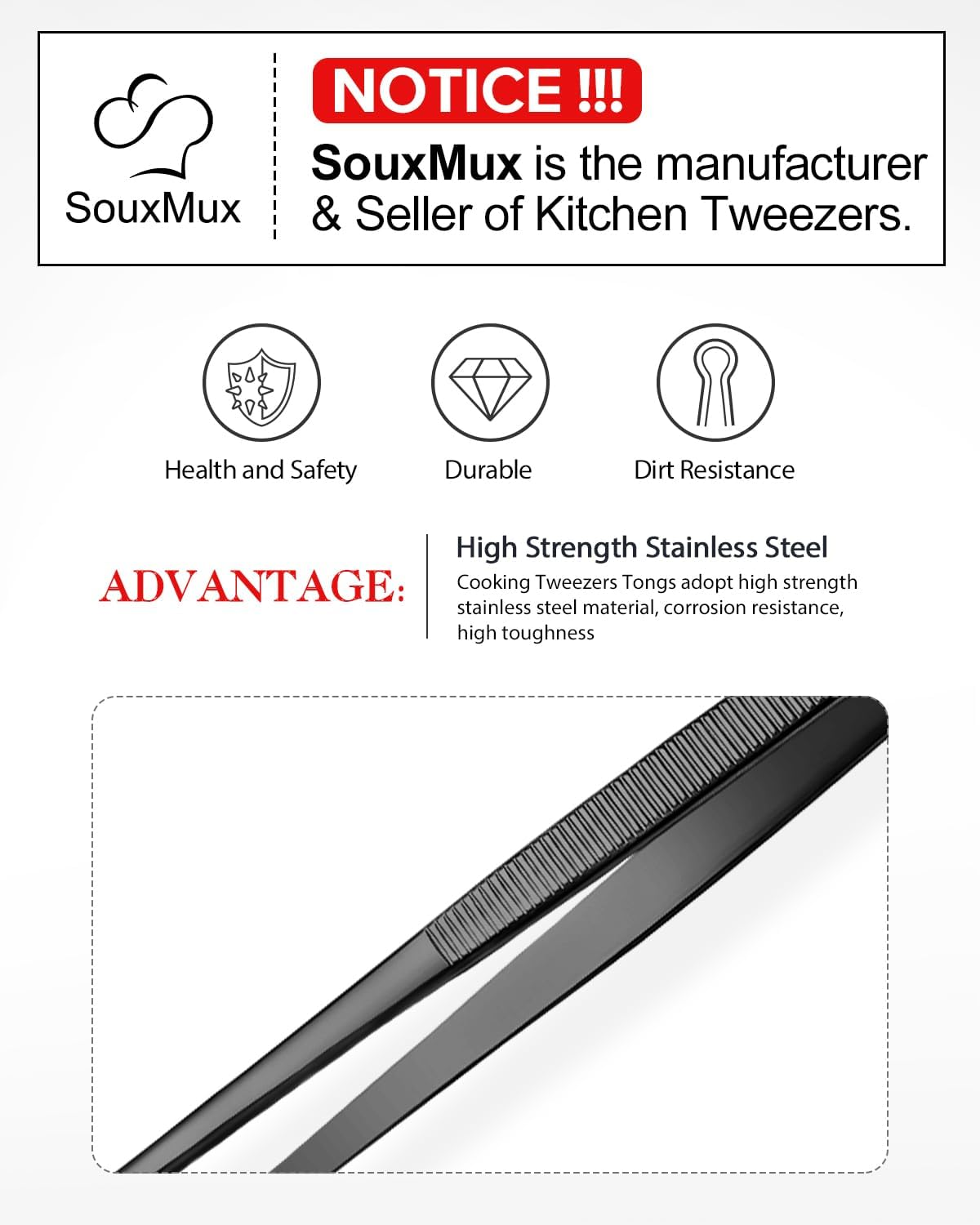 2 Pcs 12-Inch Cooking Tweezers Tongs Precision Serrated Tips, Stainless Steel Professional Chef Tweezer Kitchen Tools for BBQ, Plating and Serving (Black) image number 2