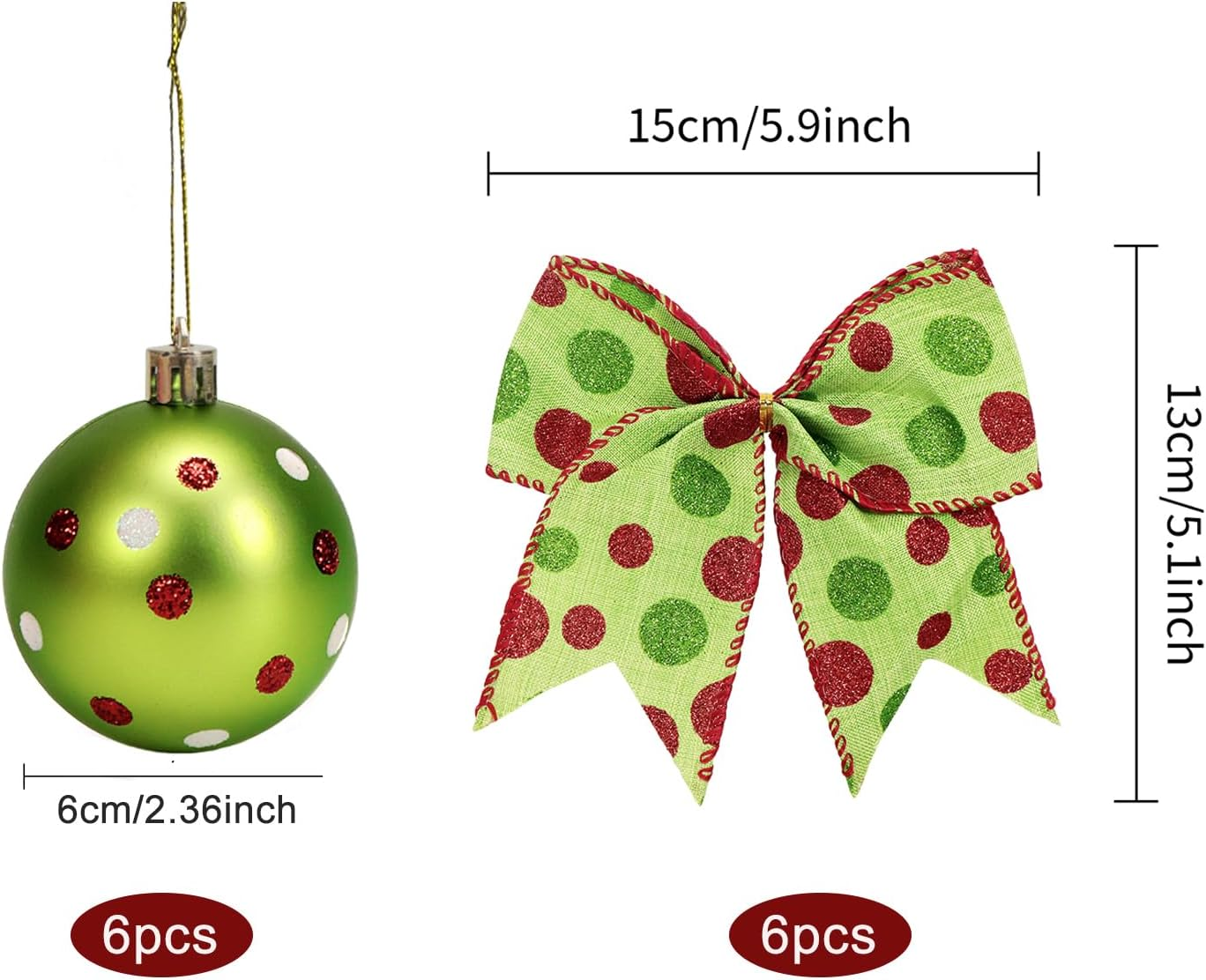 12Pcs Christmas Tree Ornament Set, 6Pcs Christmas Bows and 6Pcs Hanging Balls for Christmas Tree Decoration Wreath Making Supplies New Year Holiday Party Decor (Green Polka Point)