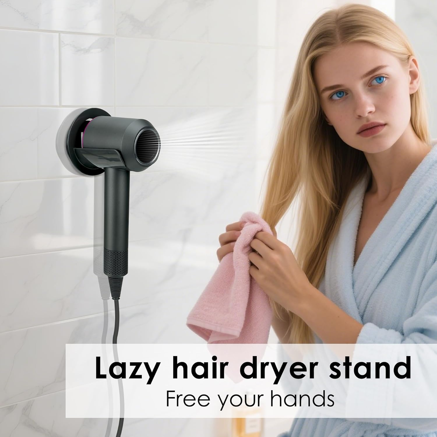 Hair Dryer Holder Wall Mounted Compatible with Dyson Hair Dryer, Self Adhesive Blow Dryer Holder Organizer with Cord Storage for Bathroom (2 Pack / Gray & Cream White) image number 1