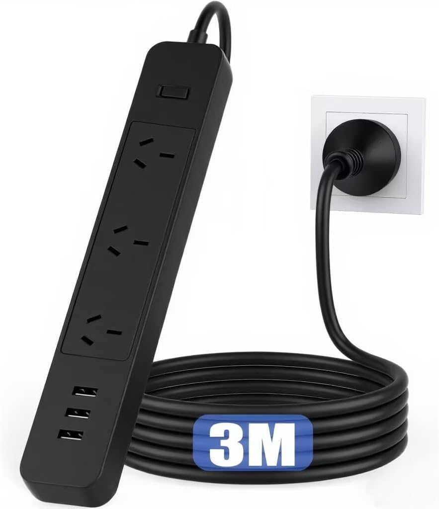 Power Strip Socket 3M Extension Cord Power Board with 3USB Port Charge for Sweeping Robot, Phone, Surge Protector Powerboard 3 AC Outlets, Max 2500W/10A, AU Plug Socket with Switch for Home (Black) image number 2