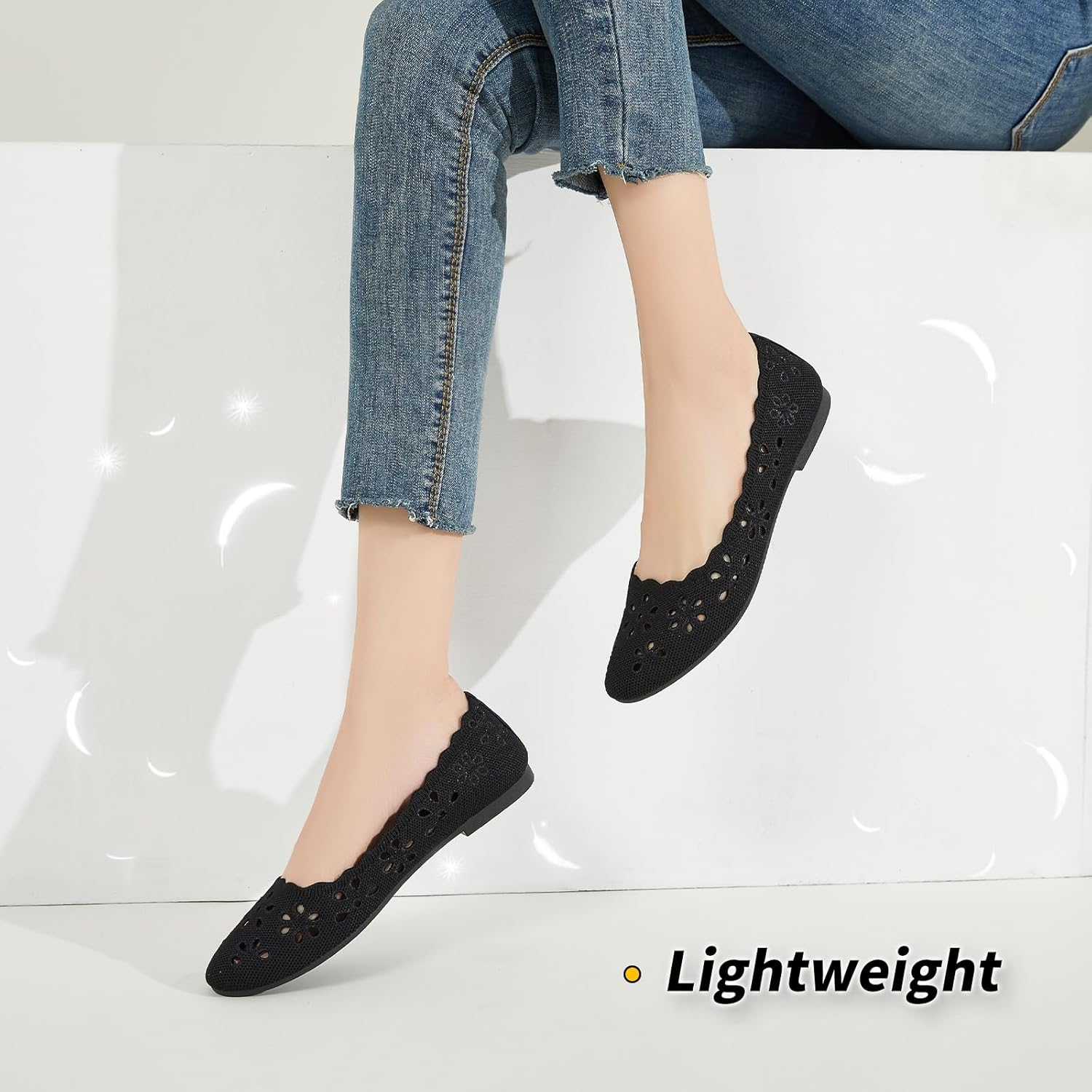 BABUDOG Knit Ballet Flats Shoes for Women,Womens Flats Dressy Comfortable,Women&rsquo;S Dress Shoes with Flower Eyelets,Slip on Casual Walking Flats image number 3