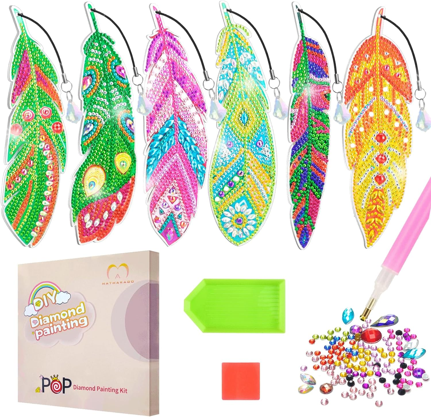 MATHARAGO 6 Pcs Diamond Painting Kits for Kids, Feather Bookmark Diamond Art Kits, DIY Crystal Diamond Art for Kids, Enfants, Girls and Women, Diamond Painting Bookmarks with Crystal Pendant (YQ087)