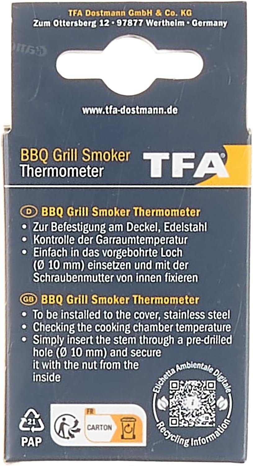 TFA Dostmann 141029 BBQ Thermometer, Analogue, 14.1029, for Cooking Chamber Temperature Measurement, for Grill/Smoker, Stainless Steel, 18/8, Silver, Diameter 52 X H 67 Mm