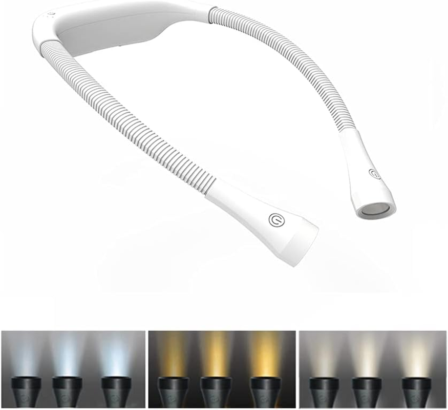 TINYOUTH White Neck Lamp for Reading, 1000Mah USB Rechargeable Book Neck Light Knitting Light with 3 Light Modes Stepless Dimming for Fishing Repairing Sewing Craftwork Crocheting