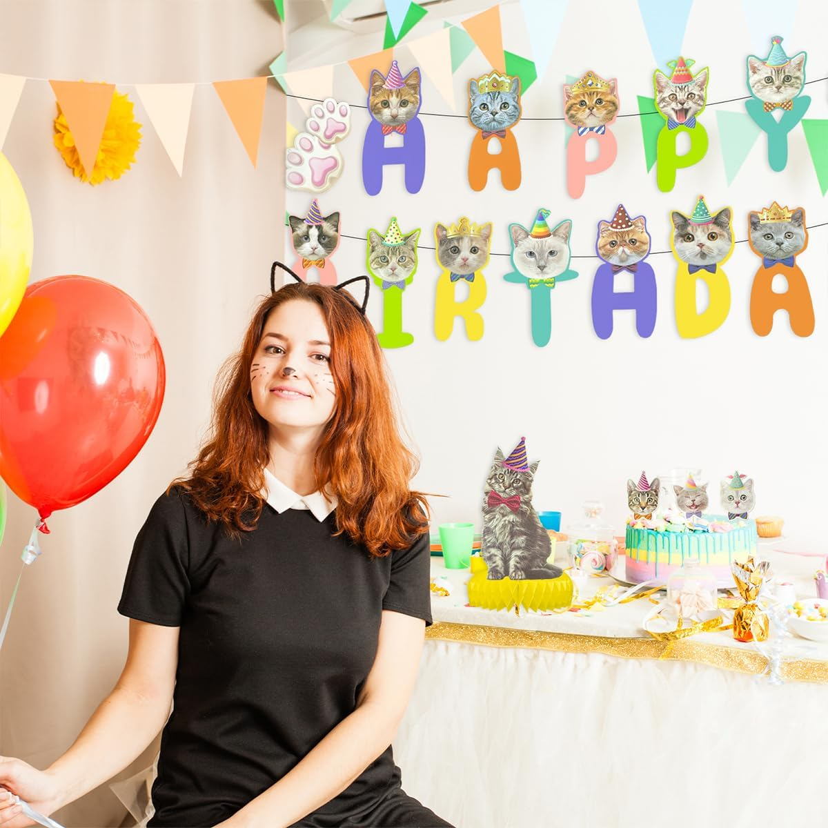 Cat Theme Birthday Party Decorations, 1 Set Kitten Happy Birthday Decorations with Cake Toppers (Colorful) image number 5
