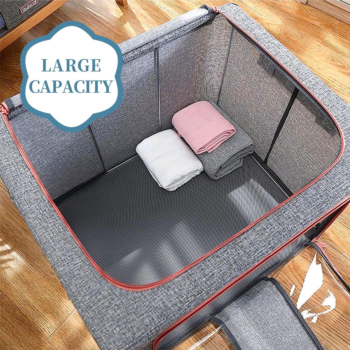 Miss Rui Clothes Storage Organizer Bag Linen 2 Pack Large 66L Capacity Closet Organiser Bins Containers Steel Frame Storage Box for Clothing with Clear Window & Reinforced Handles (Grey) image number 4