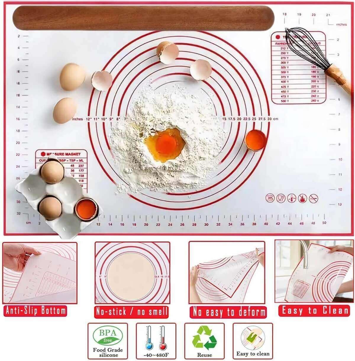 NASNAIOLL Rolling Pin and Pastry Baking Mat Set,Wood Rolling Pin for Baking,Silicone Baking Mat,Non-Stick French Rolling Pin and Dough Rolling Mat Ideal for Bread,Cookie,Tortillas,Pasta,Pizza (Black)&hellip; image number 5