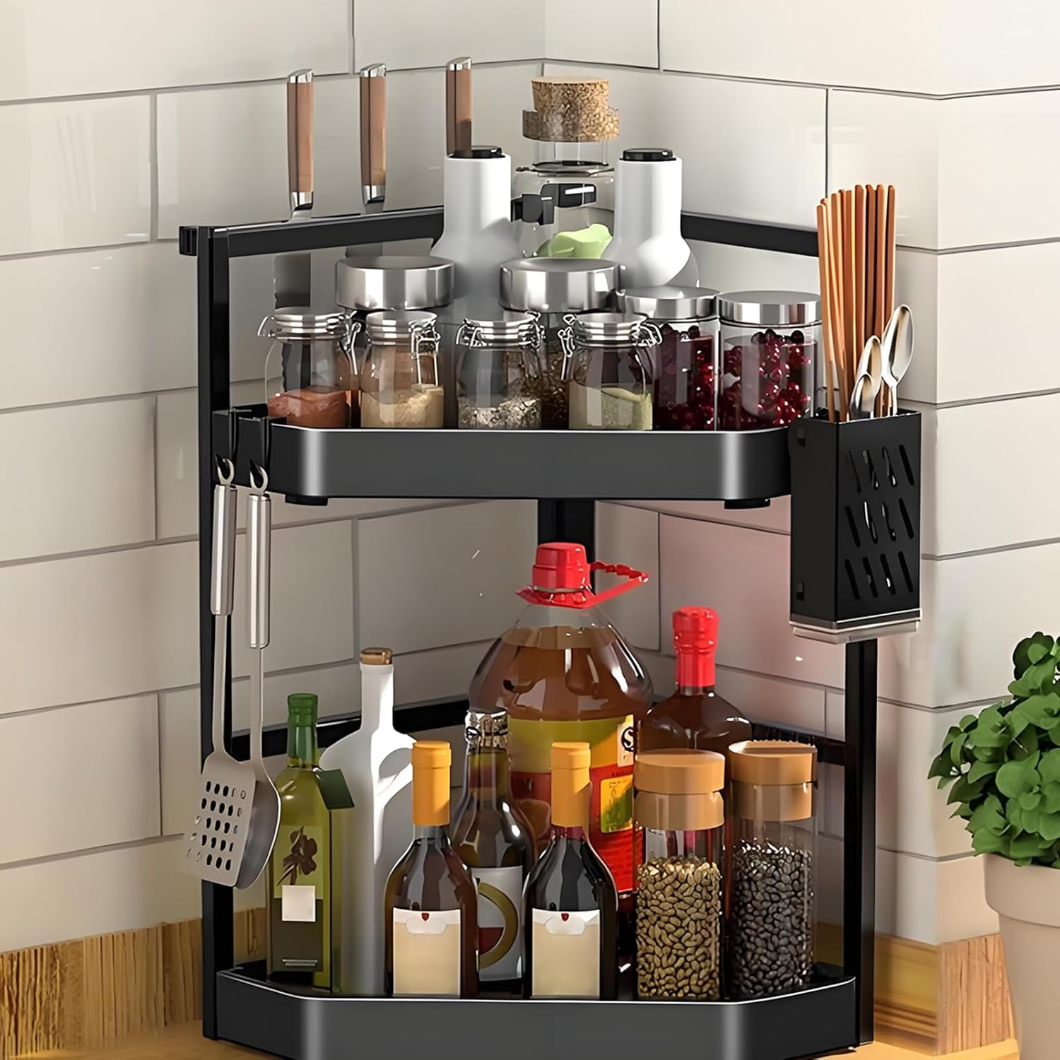 Kitchen Storage Shelves | Condiments Salt Corner Rack - 2 Tiers Storage Stable Organizer for Countertop Bathroom Makeup Easy Organizing Lids Toiletries Cabinet