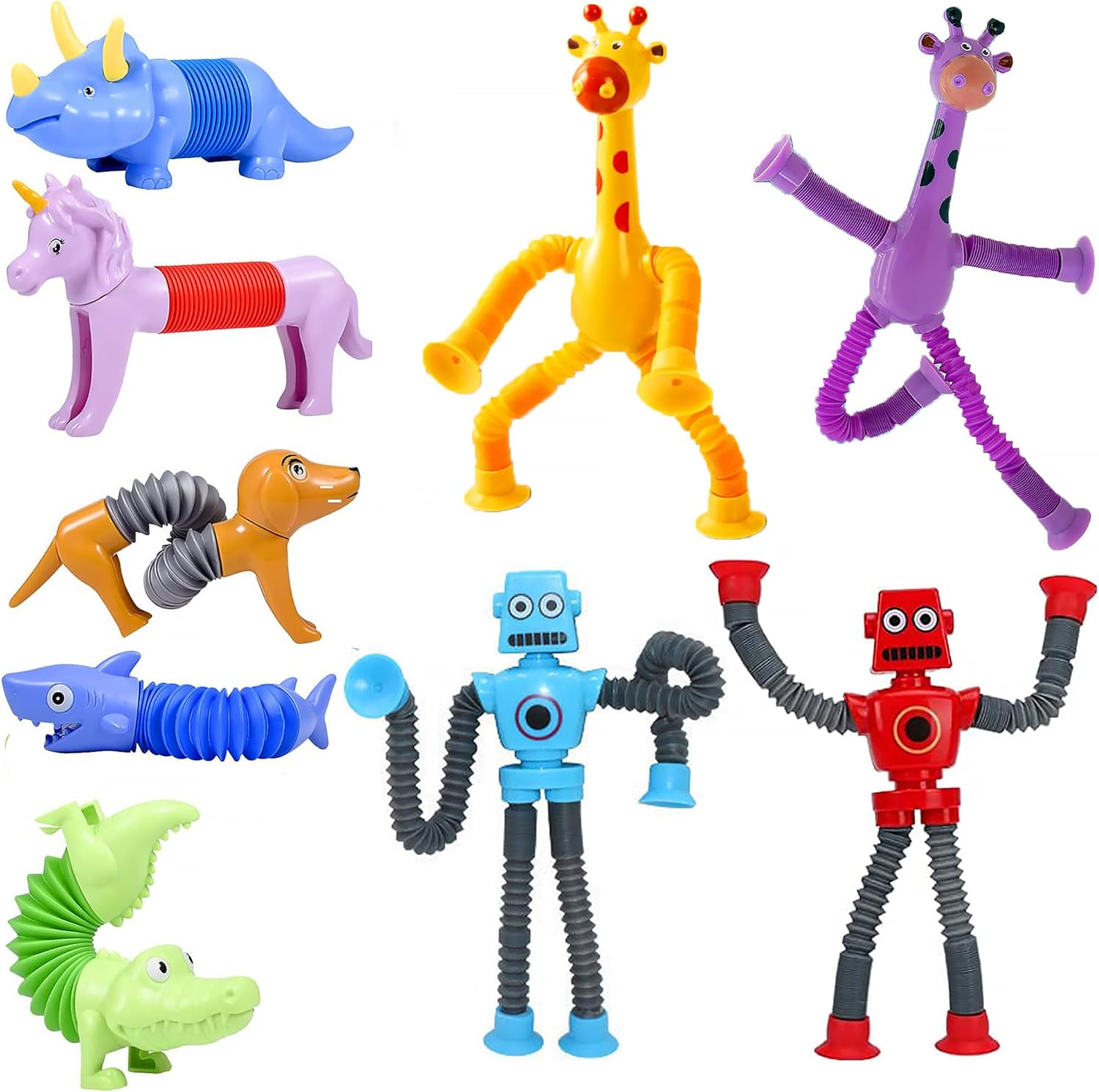 9 Pieces Pop Tubes Robot Mixed Animal Gift Box, Shape Changing Telescopic Fidget Toys, Sensory Tubes for Toddlers, Girls and Boys (Regular) image number 4