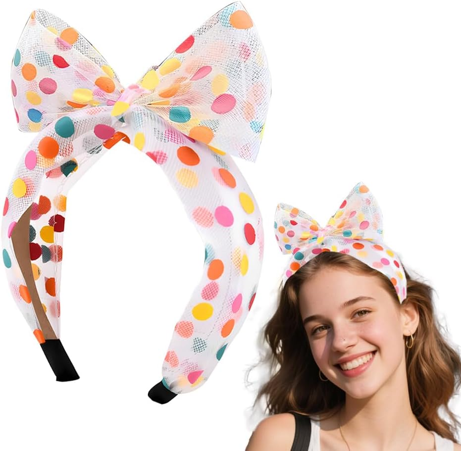 Rainbow Polka Dot Headband for Women Big White Knotted Bow Headbands with Polka Dots Headwrap Headwear Cute Hair Accessories for Girls Nonslip Wide Hairbands image number 6