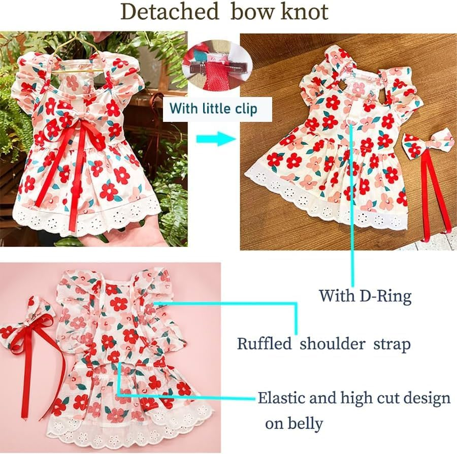 Dog Dress Dresses for Small Dogs Bow Cat Dress for Cat Only Dog Outfit Summer Puppy Clothes (Red, M) image number 6