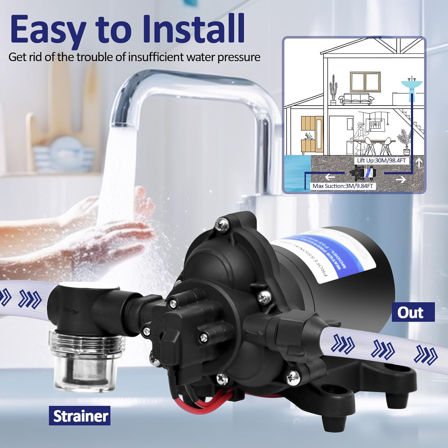 RV Fresh Water Pump,3.0Gpm 45 PSI Self-Priming Water Pressure Pump,12V Diaphragm Pump with Adjustable Pressure Switch for Yacht,Camper,Marine,Sprinklers,Faucets