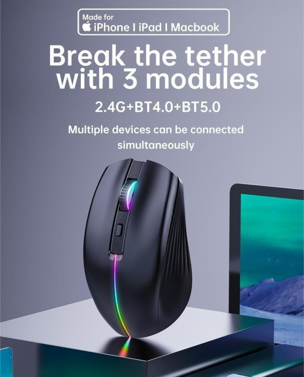 Bluetooth Mouse, Multi-Device Rechargeable Silent 6-Button Wireless Mouse Tri Mode BT 5.0+BT4.0+2.4G with RGB Backlight, 1600DPI Ergonomic Mouse for Mobile/Tablets, Laptop PC