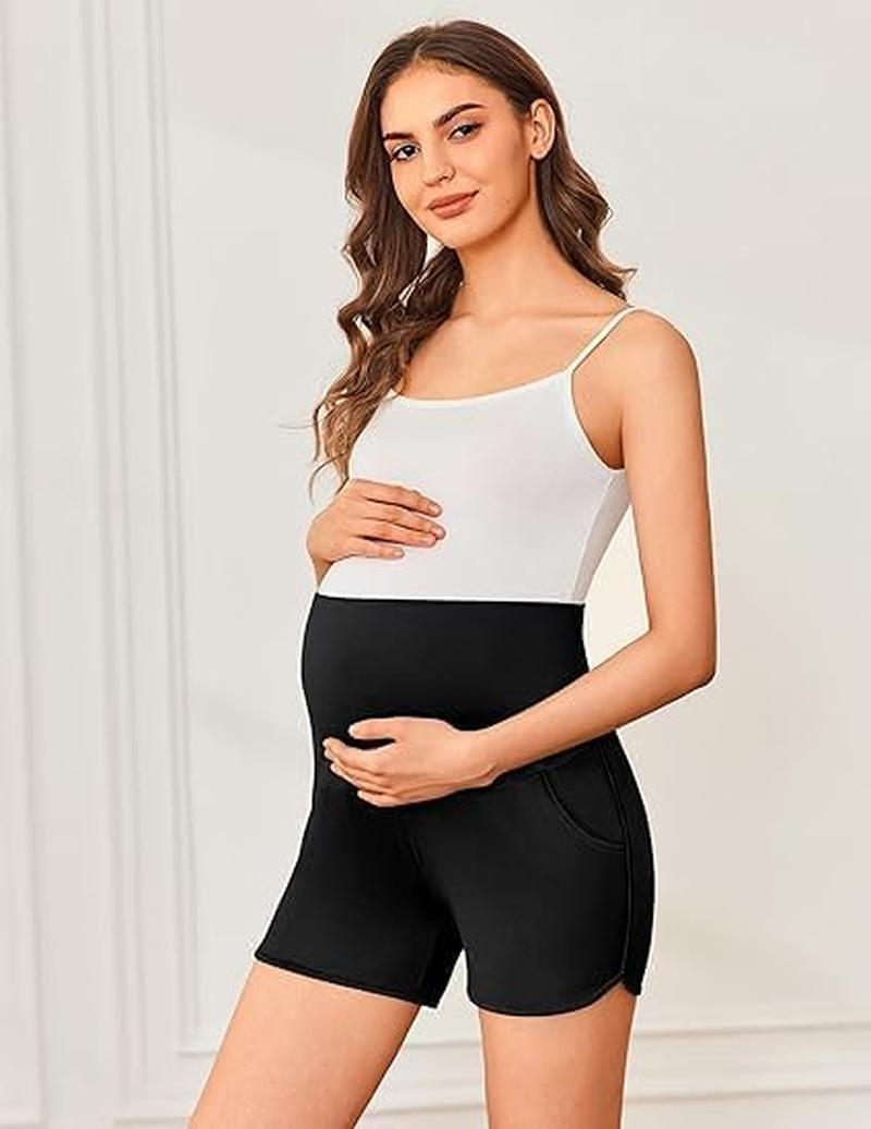 Maternity Shorts over the Belly - Pregnancy Lounge & Workout Shorts with Pockets, Breathable Polyester-Spandex Yoga Sleep Shorts for Women, Comfortable Summer Maternity Clothing (Black, Large)