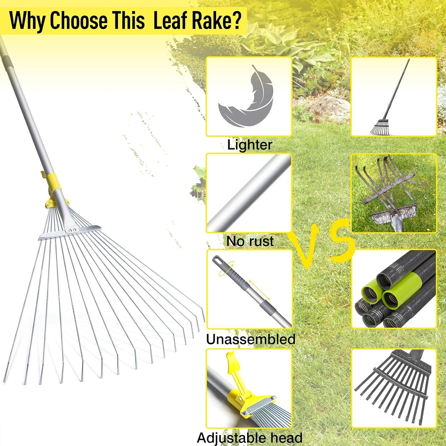 Jardineer 63 Inch Lightweight Garden Leaf Rake for Lawns, Adjustable Yard Rake for Leaves, Metal Lawn Rake with 23" Expandable Bigger Head.Ideal Garden Tools Gifts. One Year Warranty
