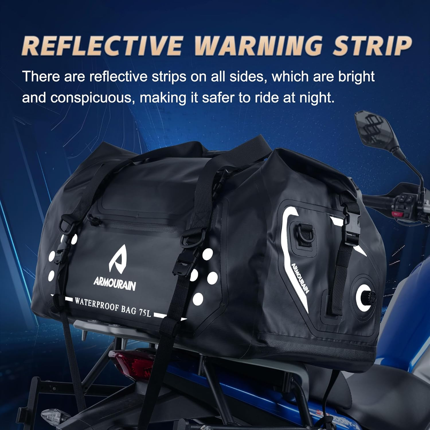 ARMOURAIN Motorcycle Dry Bag 75L Large Waterproof Duffel Bag Foldable Duffel Trunk Seat Bag for Travel,Boating,Motorbike,Kayaking (Black)