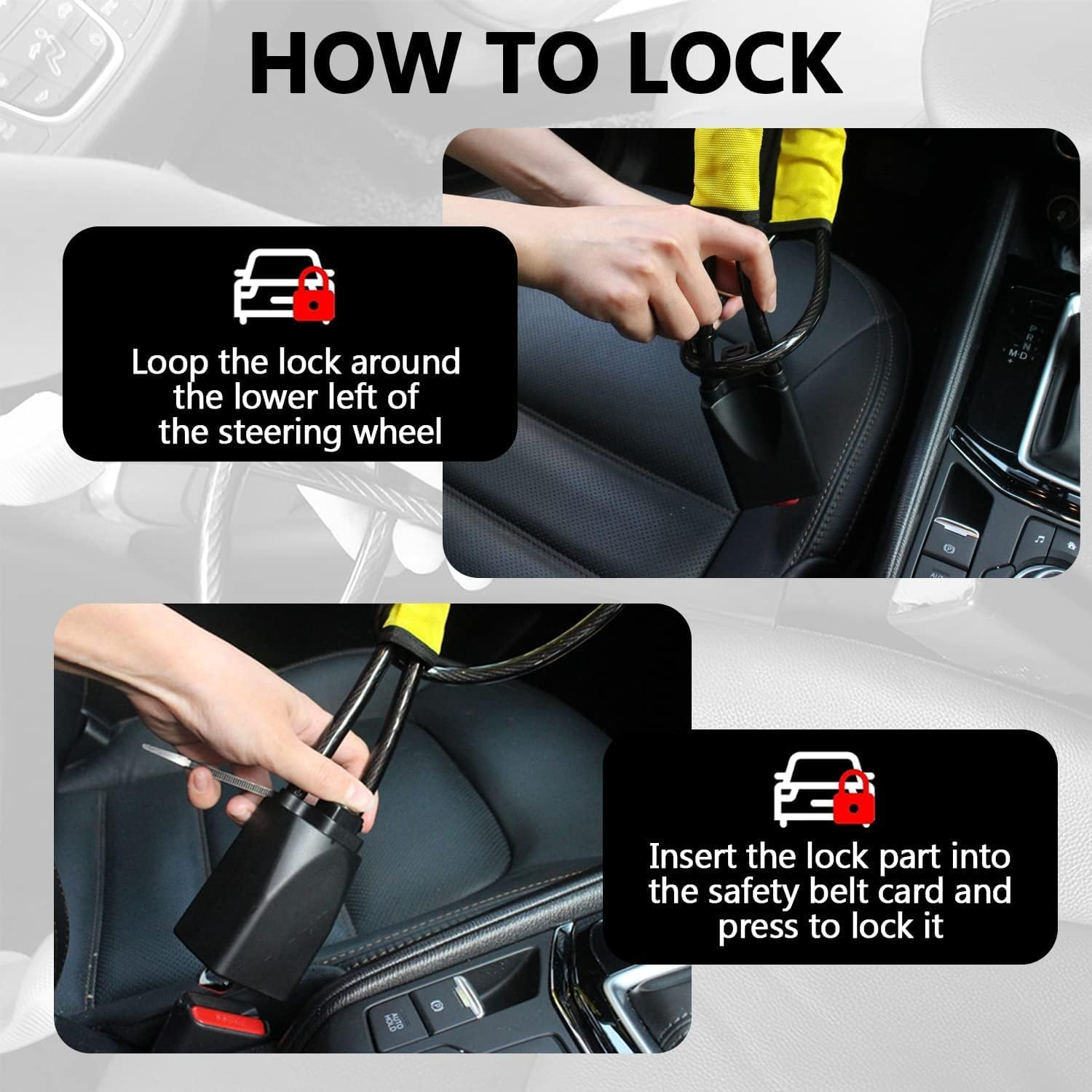 Steering Wheel Lock,Car Steering Wheel Lock,Max 45Cm Length Secure Car Device,With 3 Keys ABS, for Security Fit Most Vehicles Truck SUV Van Golf Cart, Yellow image number 4