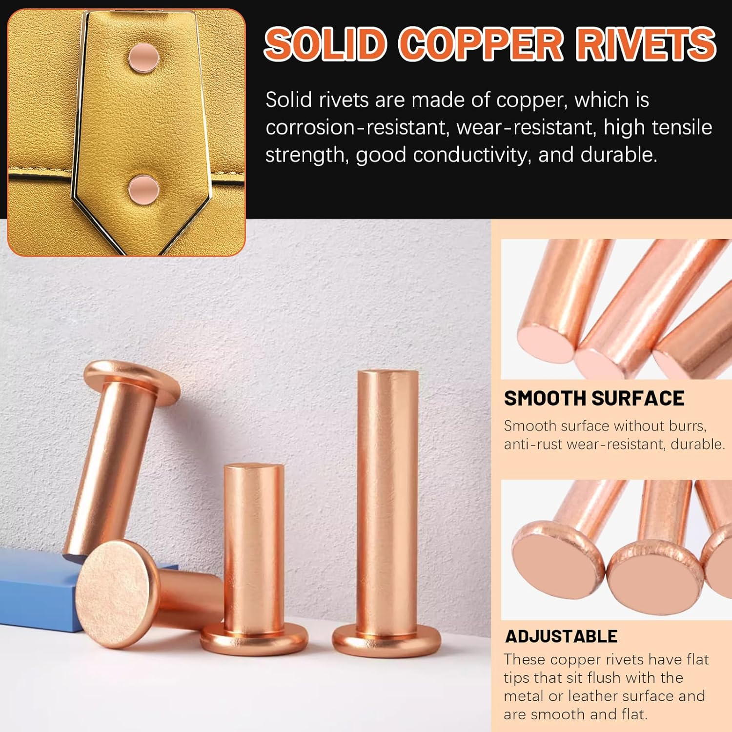 Tanstic 270Pcs Flat Head Copper Solid Rivets, M2X4/6/8, M2.5X5/8/10, M3X4/6/10 Solid Copper Rivets Fasteners for Electrical Applications Copper Finish Copper Tone