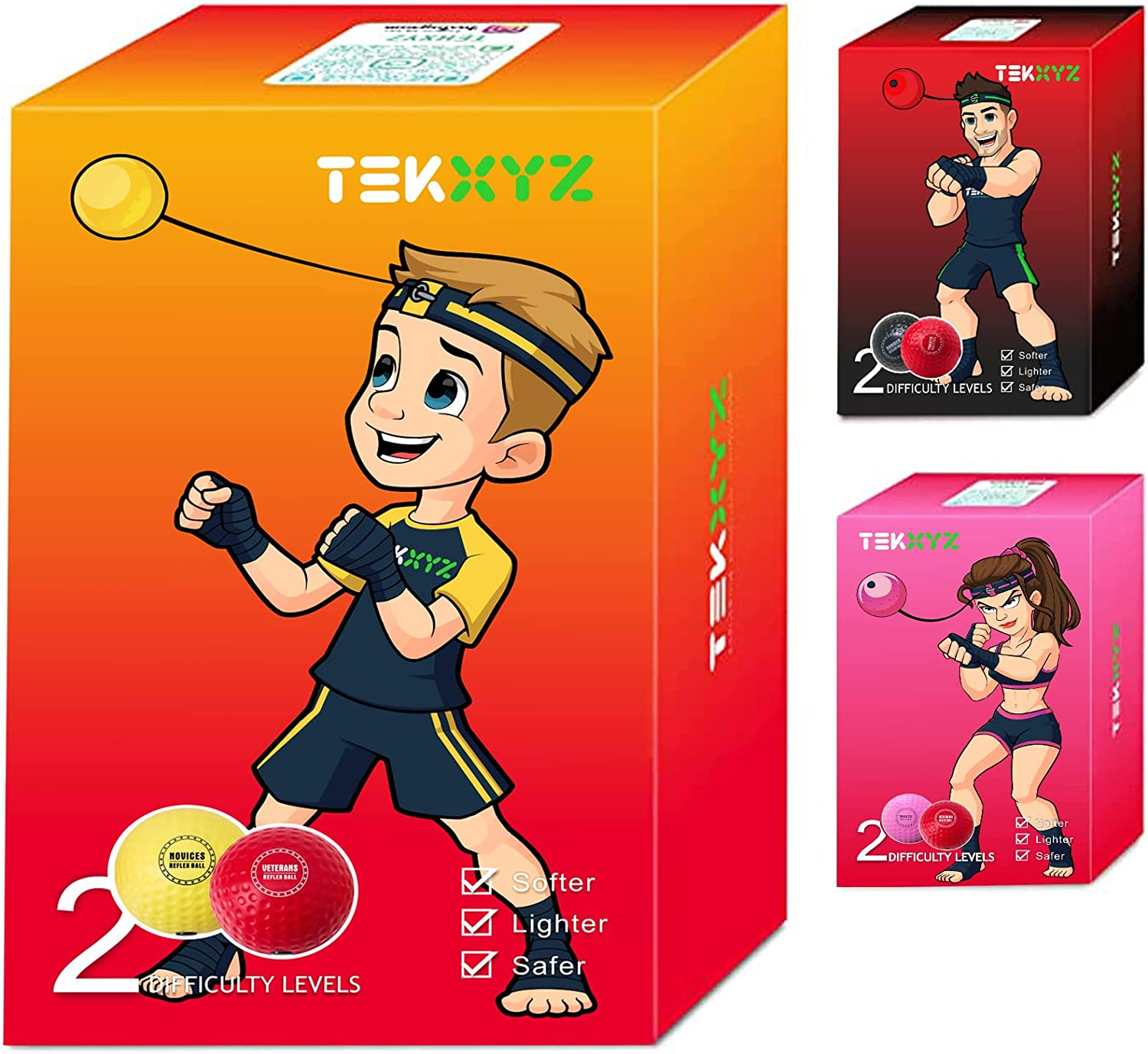 TEKXYZ Boxing Reflex Ball, 2 Difficulty Levels Boxing Ball with Headband, Softer than Tennis Ball, Perfect for Reaction, Agility, Punching Speed, Fight Skill and Hand Eye Coordination Training